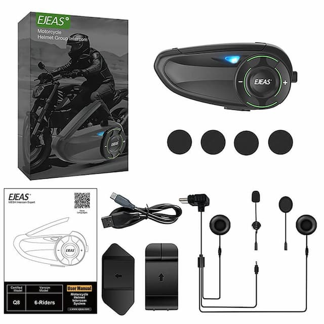 EJEAS Q8 Mesh Motorcycle Helmet Intercom | 6 Riders Group Communication